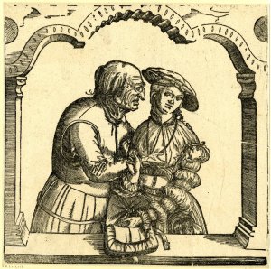 “Old Man Caressing a Young Woman” from 1530 by Sebald Beham